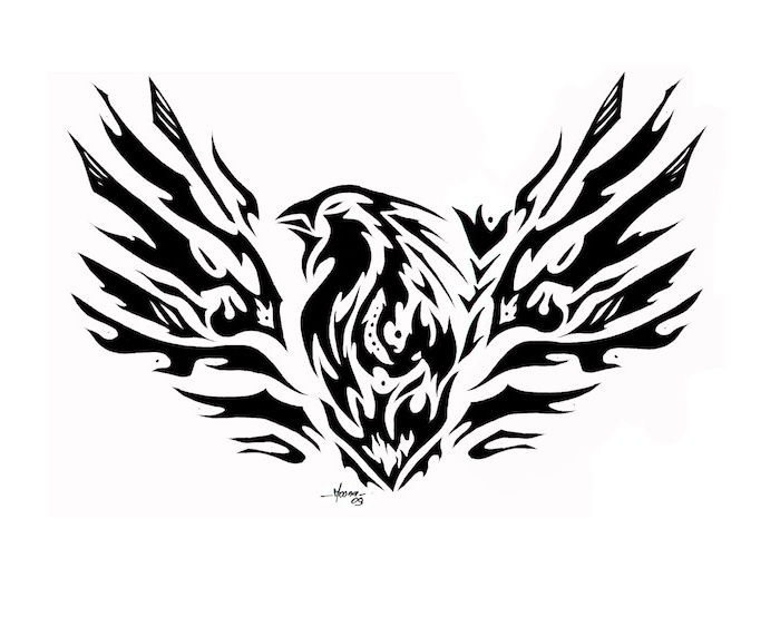 Phoenix bilder tatuering - en svart Phoenix med svarta fjädrar som stiger från sin egen aska