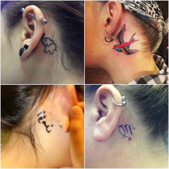 mlade ženske z majhnimi tetovažami za ušesom - z majhnim črnim slonom, veliko rdečo ptico