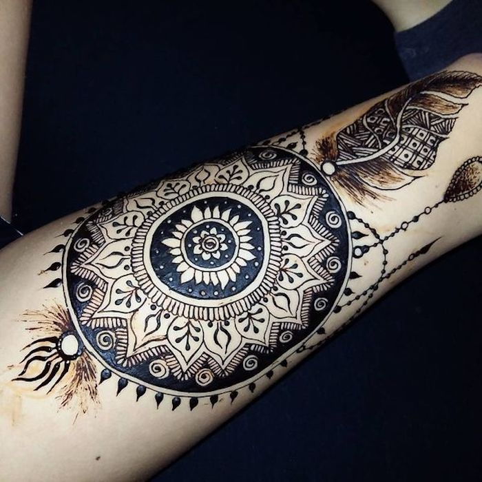 Nå viser vi deg en av de beste ideene til tatovering dremcatcher med mandala motiver og en svart fjær på hånden