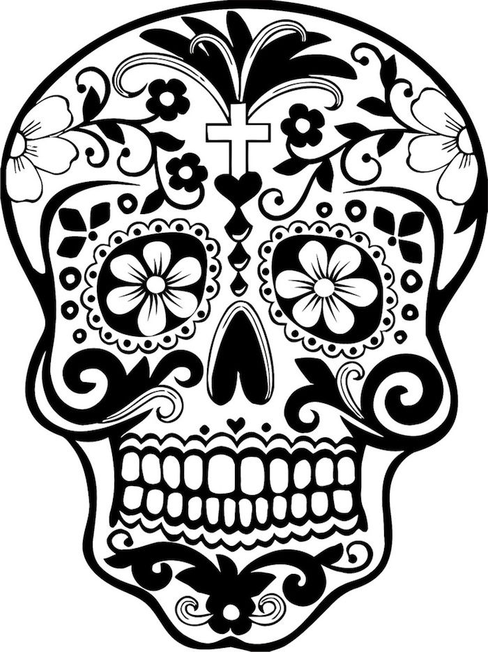 biała czaszka z białymi kwiatami i czarnymi liśćmi i białymi zębami i świecą - meksykański tatuaż czaszki