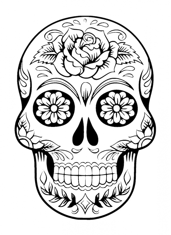 biały meksykański tatuaż czaszki z różą i białe kwiaty i przewijania - czaszka z róż tatuaż