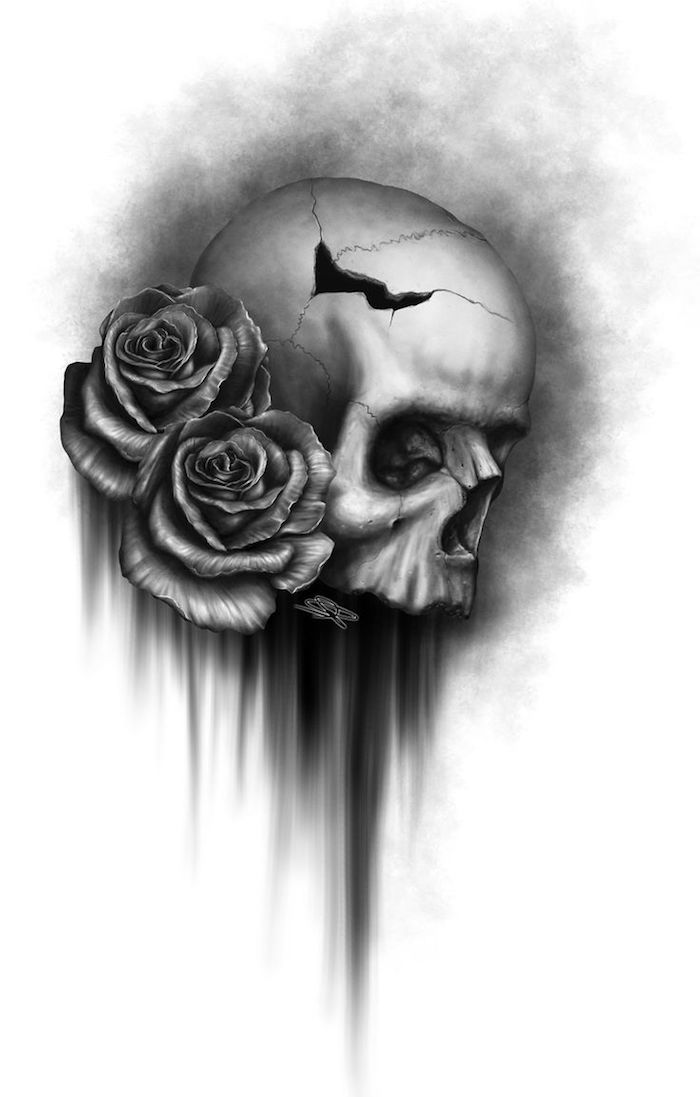 tatuaj mare cu un craniu gri, cu ochi negri - tatuaj cu craniu si doua trandafiri gri - craniu cu trandafiri tatuaj