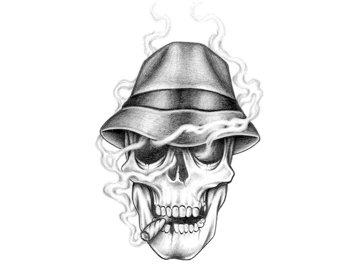 o schiță cu un craniu alb de fumat, cu o pălărie și o țigară