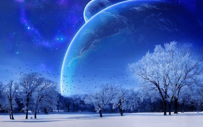 blå himmel med små hvite stjerner og to planeter og flygende små svarte fugler - en vinterskog med trær med snø