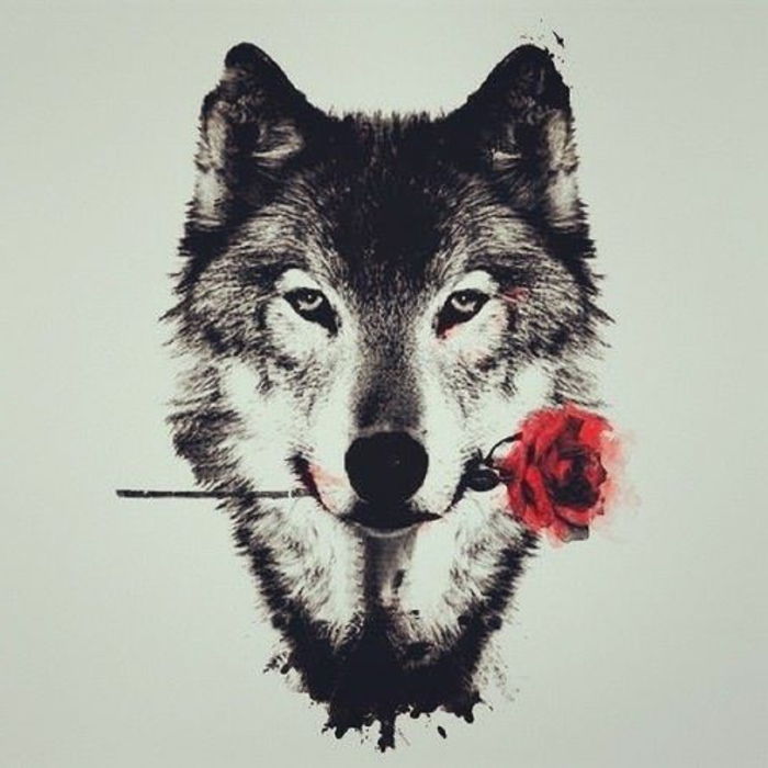 Iată o idee pentru un tatuaj de lup, lupul tribal - un lup cu un trandafir roșu