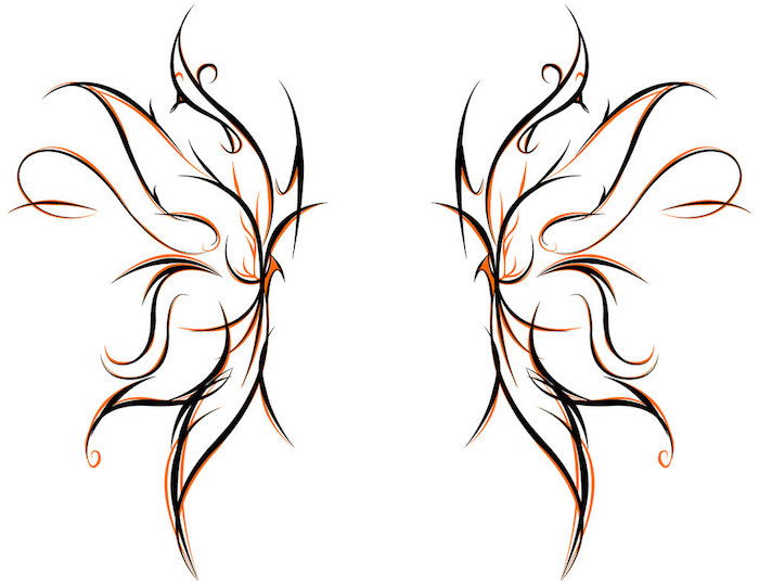 Her finner du en av de beste ideene om temaet butterfly tattoo - to eventyr, store, oransje og svarte vinger av en sommerfugl