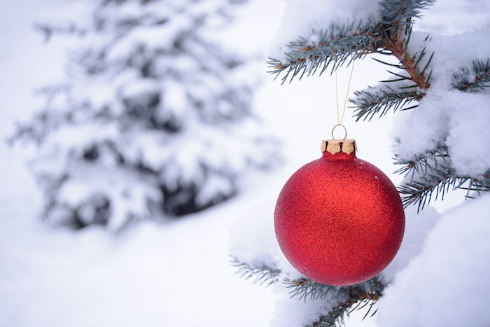 červená vianočná guľa a strom so snehom - romantické zimné fotografie