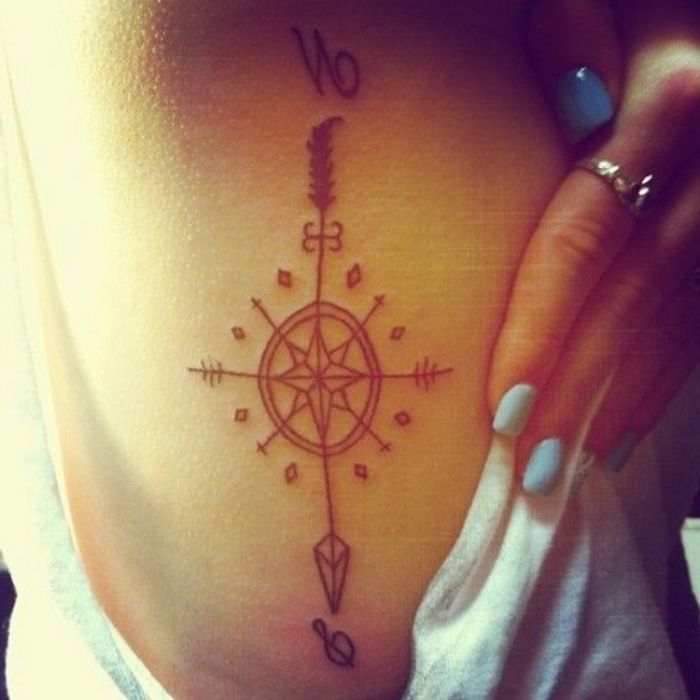 to je ena od naših odličnih idej za črno tatoo s črnim kompasom - ženska s tetovažo in modrim lakom za nohte