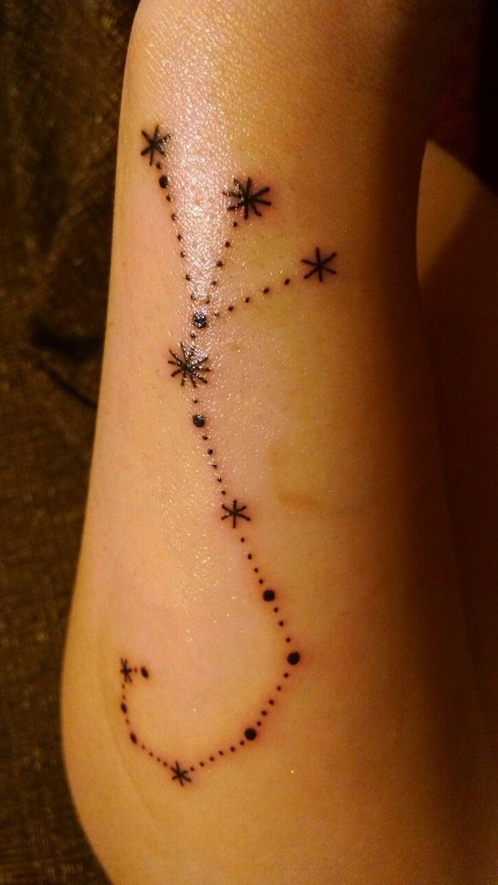 hand met stertatoegering. een zwarte tatoeage met een zwart sterrenbeeld met kleine zwarte sterren