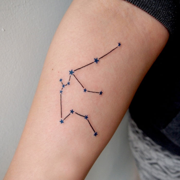 Hånd med en liten tatovering med en konstellasjon med små blå stjerner