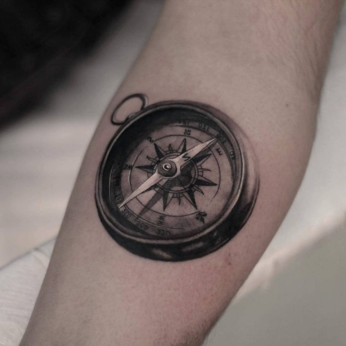 Tukaj je ena od naših idej za črno tattoo kompas na roki s črnim kompasom