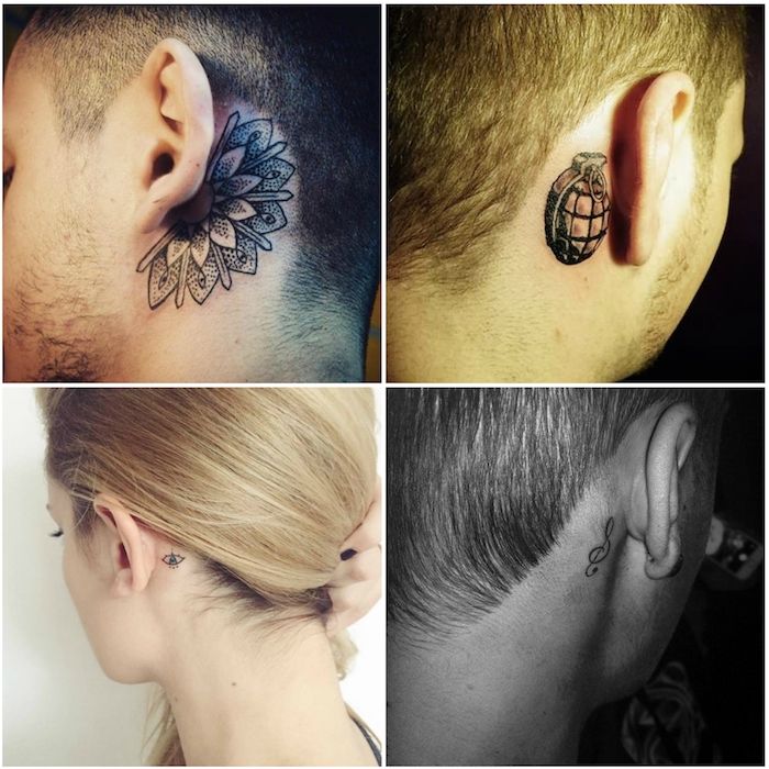 trije moški in mlada ženska s štirimi črnimi tetovažami za ušesom - tetovaže z očmi - človek z mandala tetovažo lovec uho