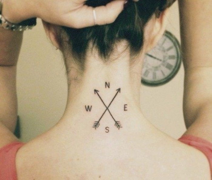 To je ideja za tetovažo z majhnim črnim kompasom na vratu