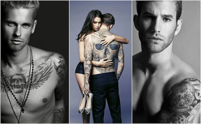 Tatuaż czaszki - trzech mężczyzn z czarnymi tatuażami z czaszkami i młodą kobietą