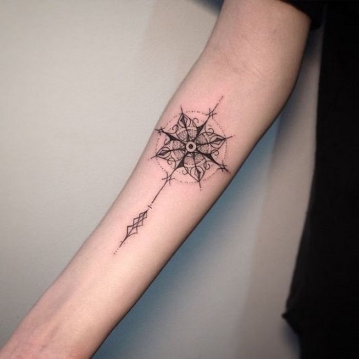 czarny kompas z bajki - pomysł na tatuaż na rękę