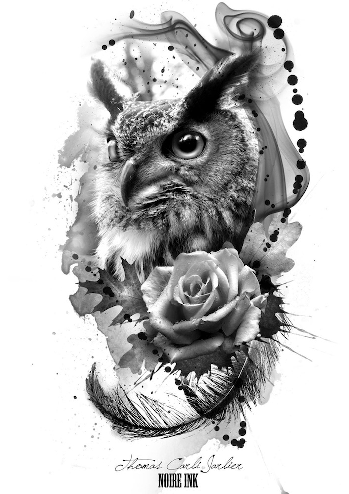 Iată o idee pentru un tatuaj de owl - un uhu mare negru cu pene negre și ochi și un trandafir negru mare