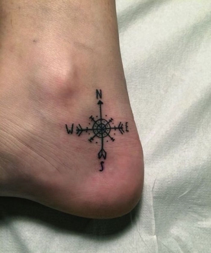 Oto bardzo ładny tatuaż z małym czarnym kompasem na pięcie - pomysł na tatuaż kompasu