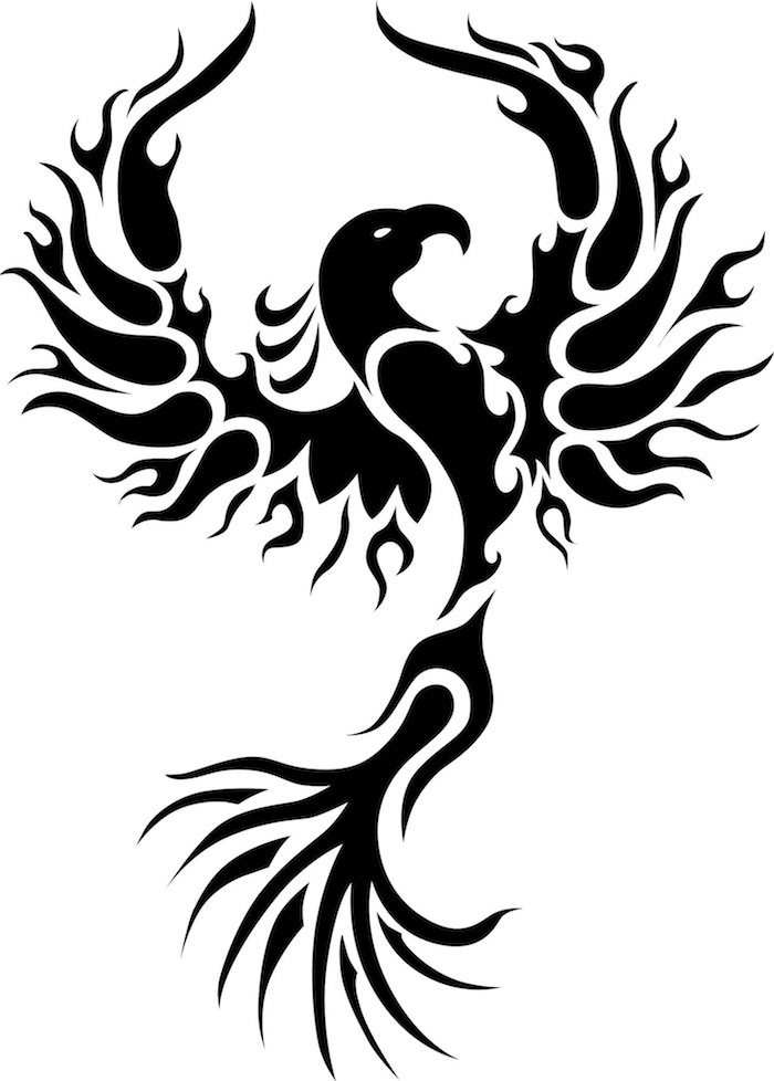 en stor flygende svart phoenix med to svarte vinger med svarte fjær og hvite øyne