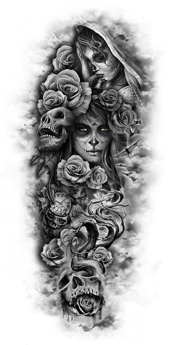 tatuaż czaszki z różami - młode kobiety i szare czaszki oraz wiele dużych szarych róż
