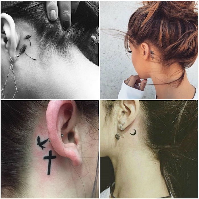 štiri slike z mladimi ženskami s tetovažami za ušesom z majhnimi črnimi cvetovi, majhen črni polmesec, črna vrtnica in leteča črna ptica