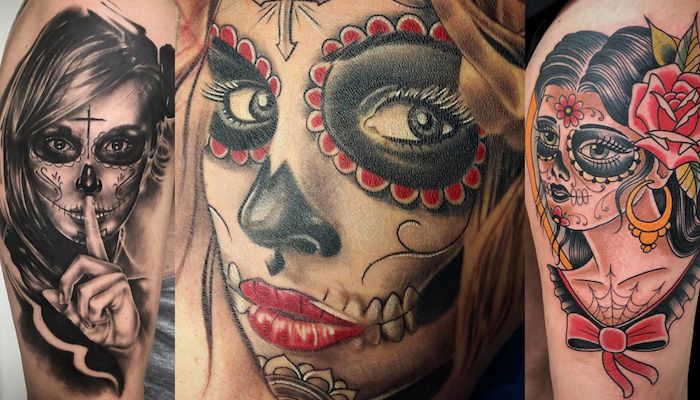 tre tatuaggi la catrina con giovani donne con labbra rosse e nere e nasi neri - tatuaggi con rose rosse con foglie verdi