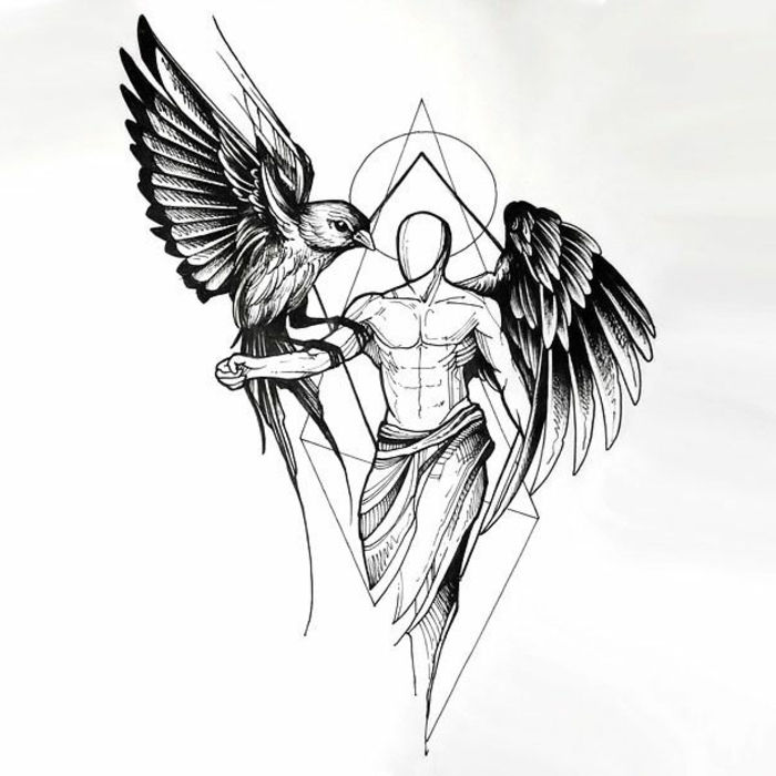 een van onze favoriete ideeën voor een black angel wing tattoo - hier is een engel met zwarte engelenvleugels en een vogel met zwarte veren
