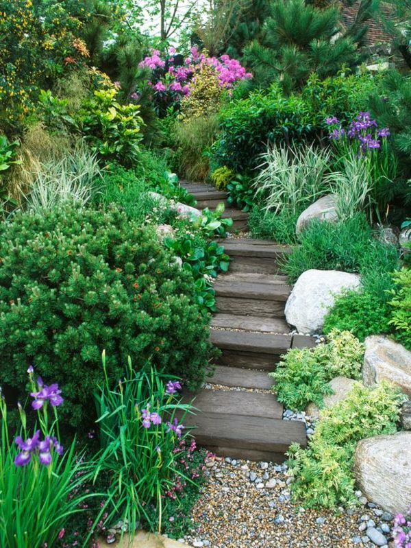 uma bela escada diy design de jardim rodeada por plantas verdes