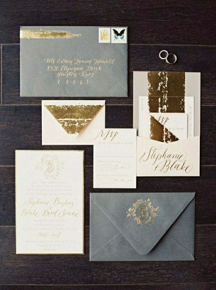 invitasjon-bryllup elegant grå Konvolutter og gull font-gloss Glitter Wedding Rings