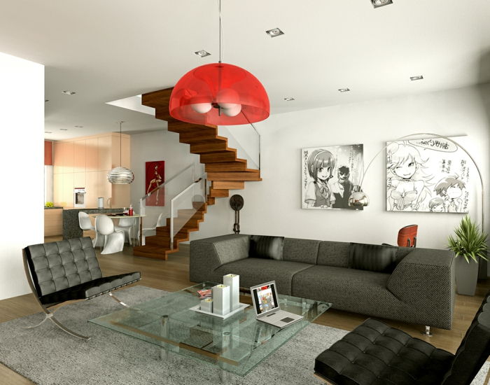 Príklady zariadení, obývačka-Modern-schodisko-obrazy-an-der-wall