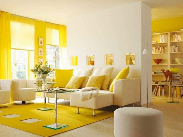 Ustanovitev idej rumeno dnevno sobo zavese, preproge-limone-design