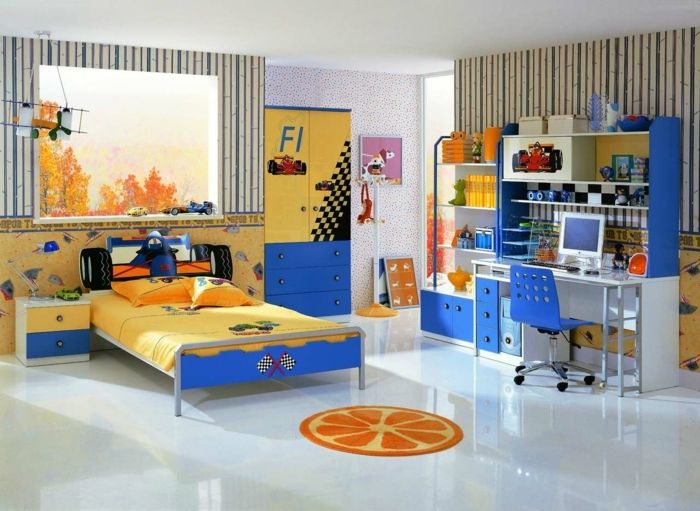 detská izba chlapec dizajn nápad v žltej a modrej formálne 1 nápad oranžový koberec učenie na počítači