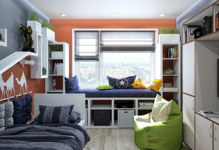 design design de design în camera de copii roșu perete cu decor de cămilă verde pufos fotoliu lectură de fereastră