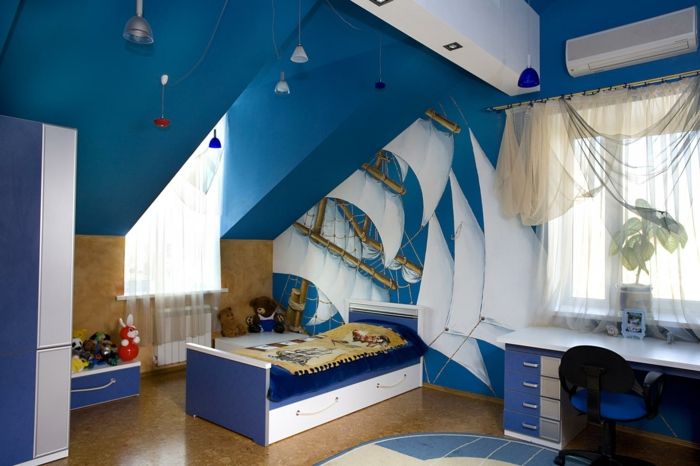 škôlka ako tvar lode návrhy nábytku modrý dizajn strešná miestnosť pre chlapca
