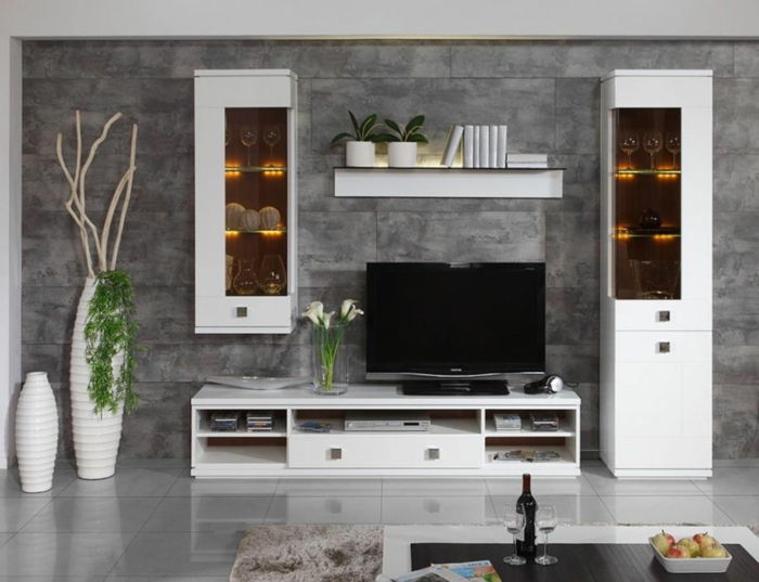 Zriadenie nápadov obývacia izba-šedo-stenové konštrukcie-bielo-skrine