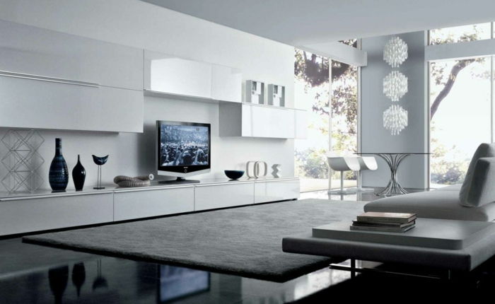 tavolo della sala-plueschteppich-vetro elegante e moderno-set-Bright-vita e bianco-Moebel-minimalista-Moebel