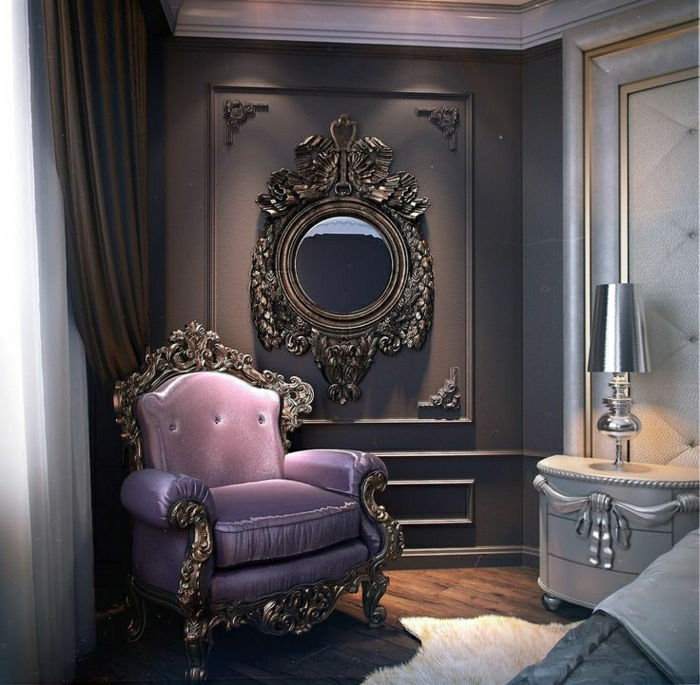 elegant sovrum design lila stol metallram Baroque lyx möbler grå nattduksbord