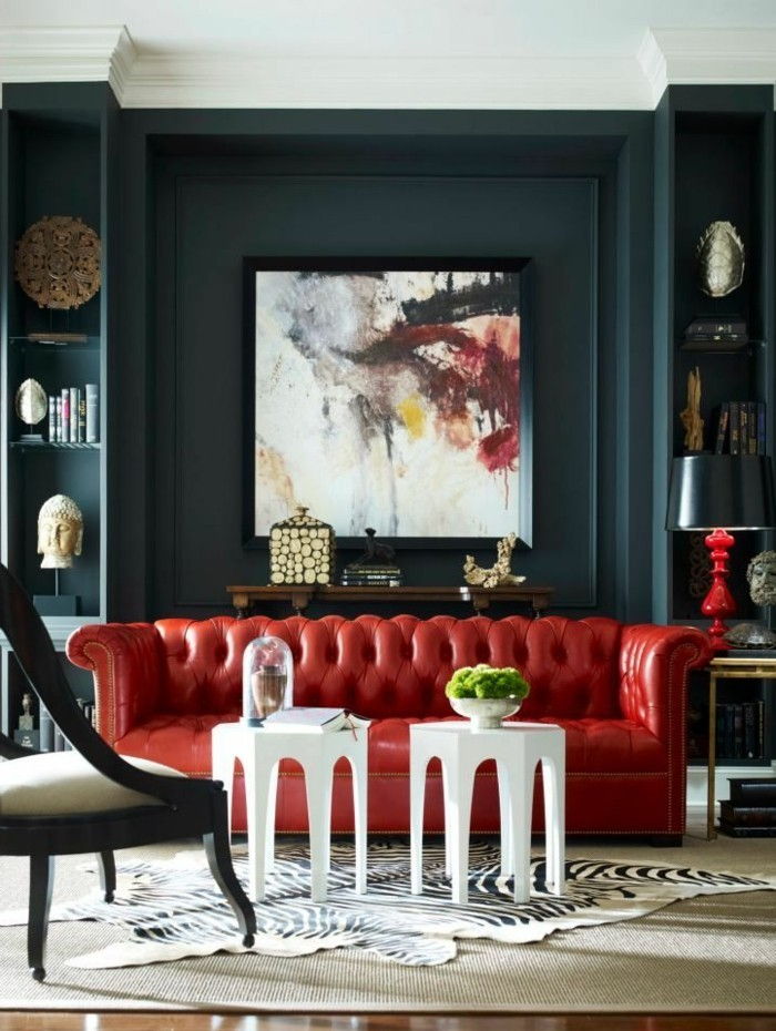 Elegantiškas gyvenamasis kambarys nustatymas Stilingas Baldai raudona odinė sofa