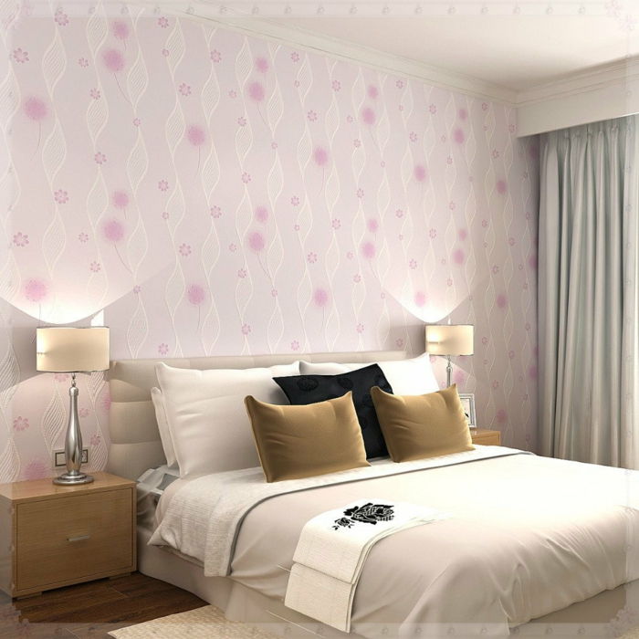 Elegantiškas miegamojo interjero retro tapetai rožinės atspalviai