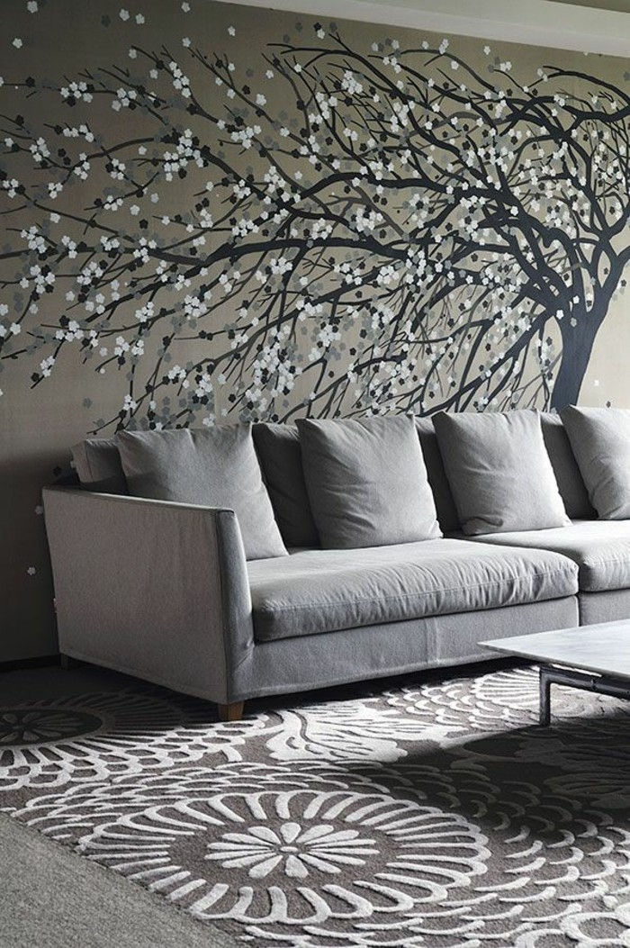 Elegantná obývacia izba interiér-šedé odtiene-zaujímavý koberec vzor-cool-múr návrhu krásny, tapety