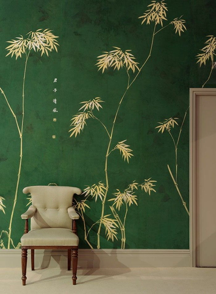elegant-tapet-design-fond verde frunze bej