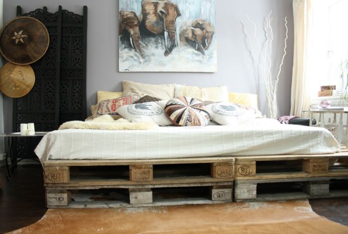 Euro palete postelja-lastno izgradnjo Posteljnina boho-Elefante sliko lep dizajn spalnica