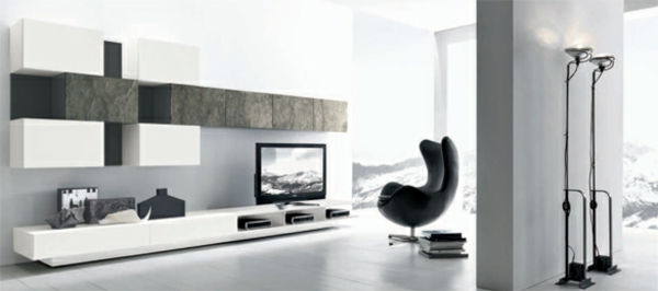 exkluzívny televízny nábytok biela obývacia izba s čiernym stoličkám