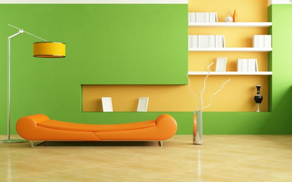 fantastično steno .V odtenki zelene kavč v oranžni barvi