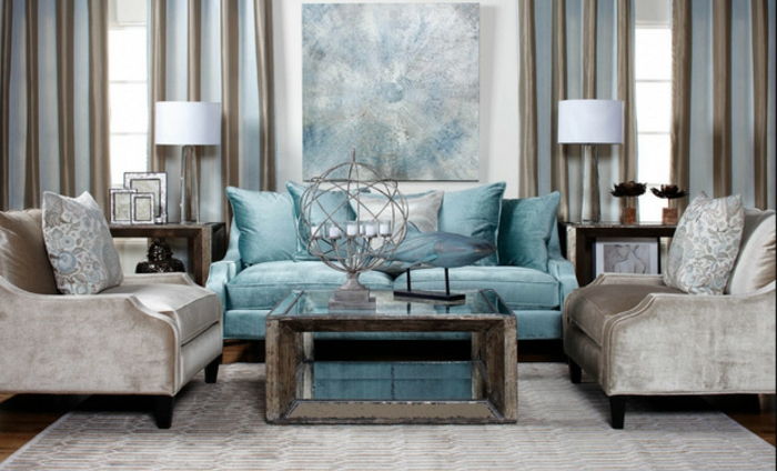 Design de culoare apartament cu perete de culoare Champagne-living-cu-o-canapea-in-albastru