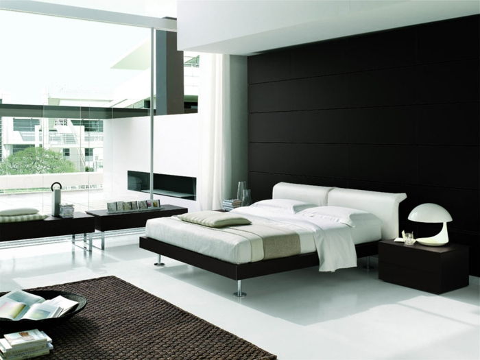 idei de culoare un apartament cu un dormitor alb-mobilier-negru pereți