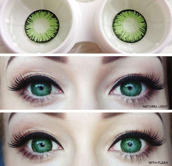 Lentes de olho verde UV brilhando no escuro, mulher com olhos verdes