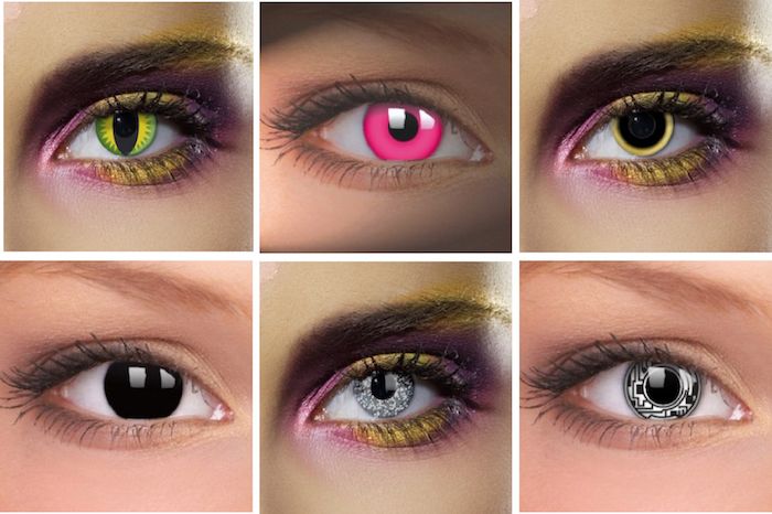 seis modelos diferentes de Halloween eyelens com designs malucos