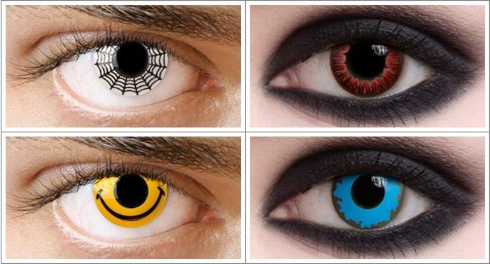 Colagem de fotos de quatro fotos de olhos femininos e masculinos, maquiagem de Halloween
