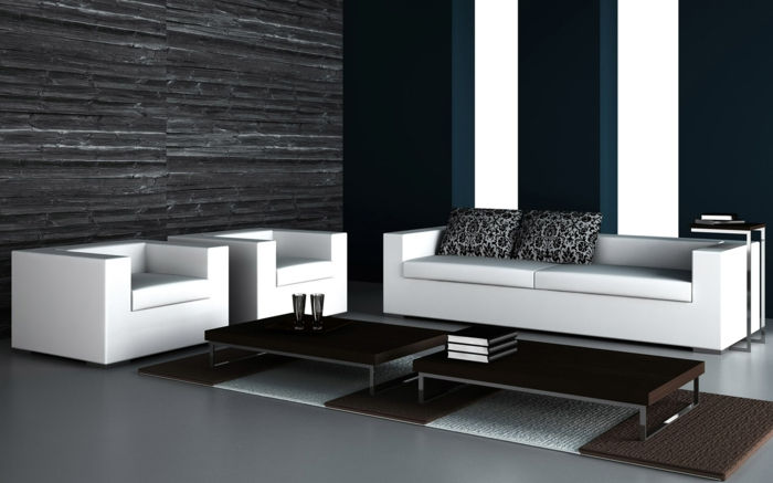 culoare combinații perete-negru-alb-living-alb-mobilier