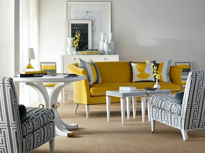 barvni kontrast-rumeno-belo-italijansko-MOEBEL-dnevna soba-plueschteppich kvadratnih kava miza Okrogla miza-udobno-stol